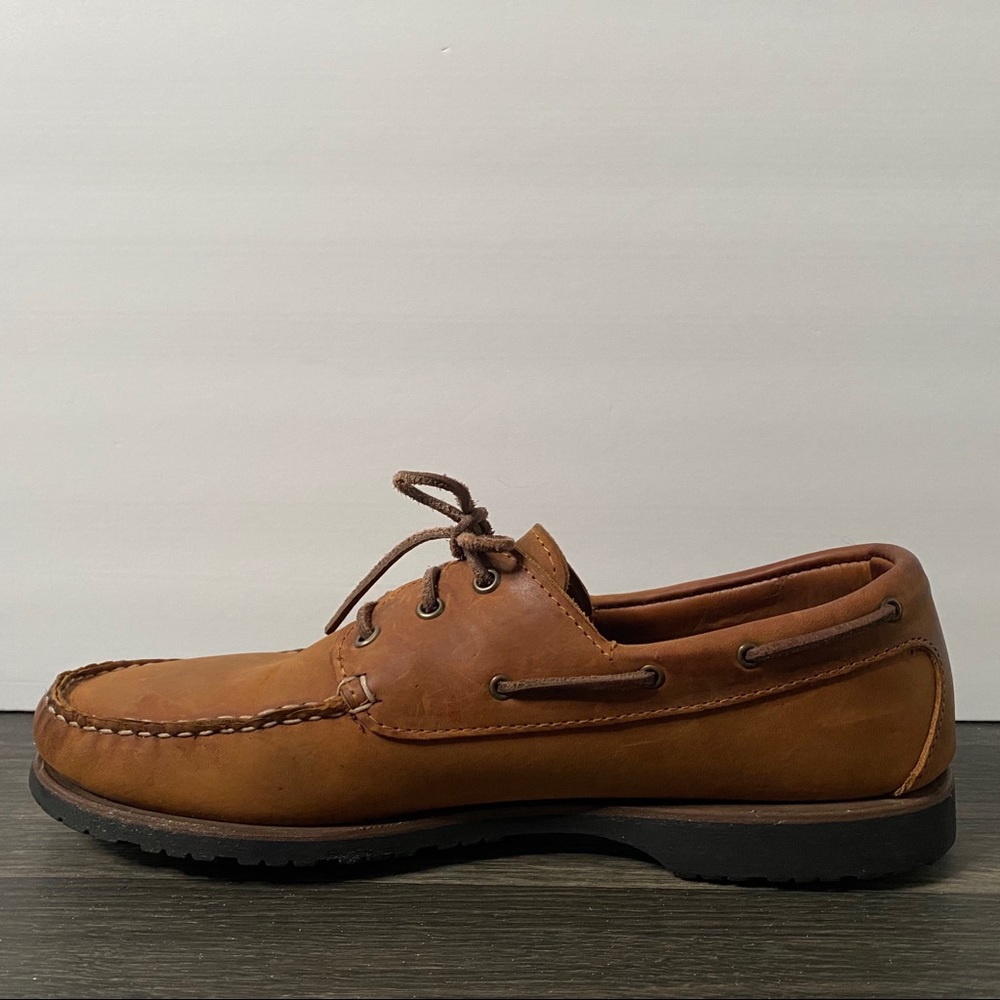 Quoddy Moccasin Boat Shoes Brown Leather Loafers Mens Size 12 Vibram Soles Tread - Picture 6 of 11